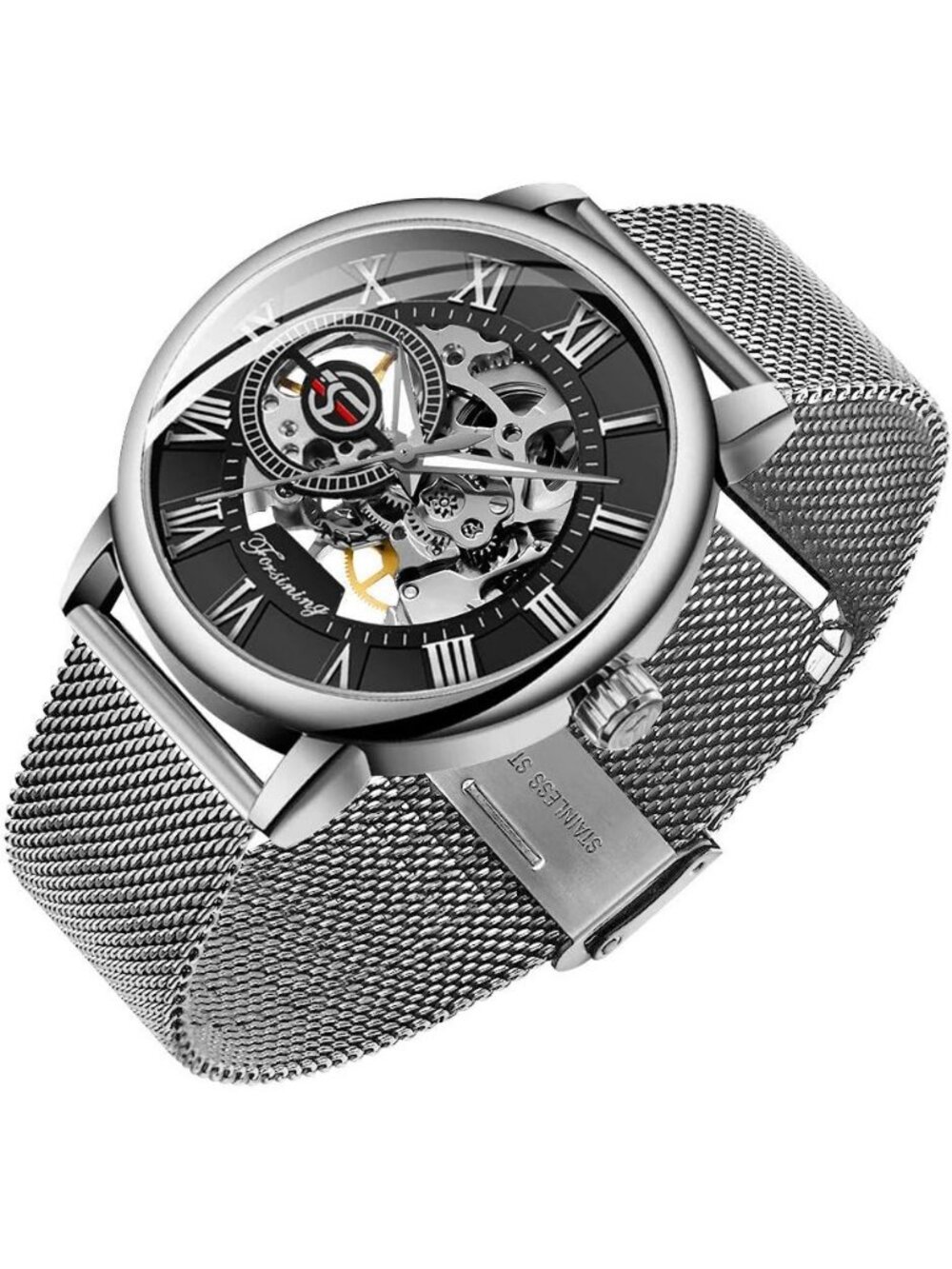Men's Silver Black Hand-Wind Classic Roman Numeral Steampunk Mechanical Watch